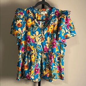 EUC Umgee Vibrant Floral Ruffle Blouse Blue Multicolor Short Sleeve Large